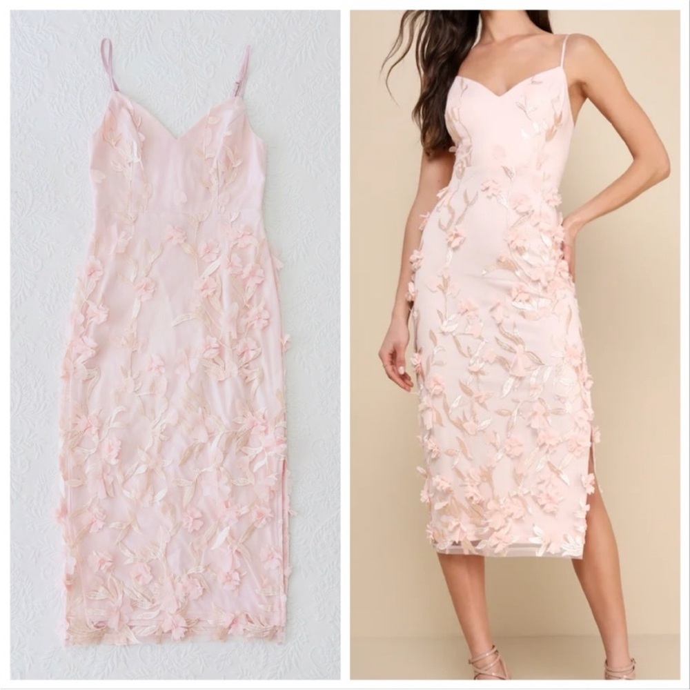 NWOT Lulus Limitless Adoration Blush Pink 3D Floral Embroidered Midi Dress